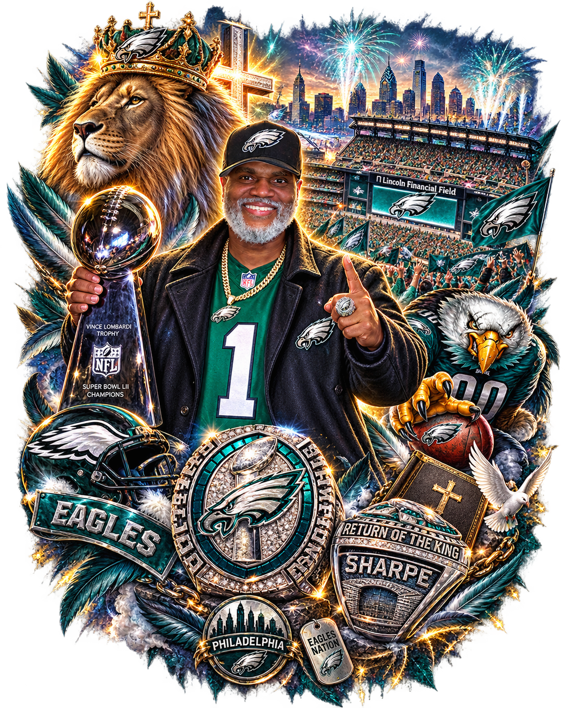 Front artwork for a custom shirt, featuring a portrait with Philadelphia football imagery