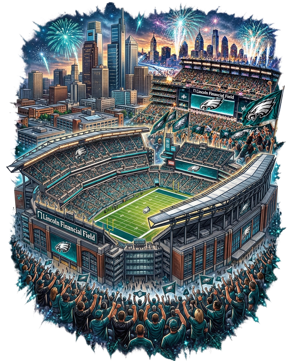 Transparent-background back artwork featuring the Philadelphia skyline and Lincoln Financial Field